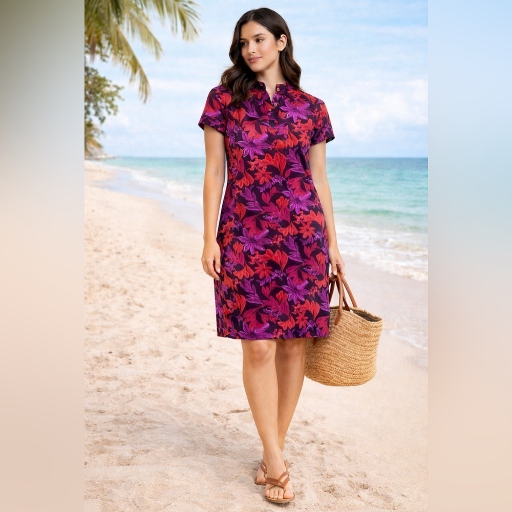 Tommy Bahama Red and Pink Sheath Dress with Mandarin Collar - Picture 1 of 6